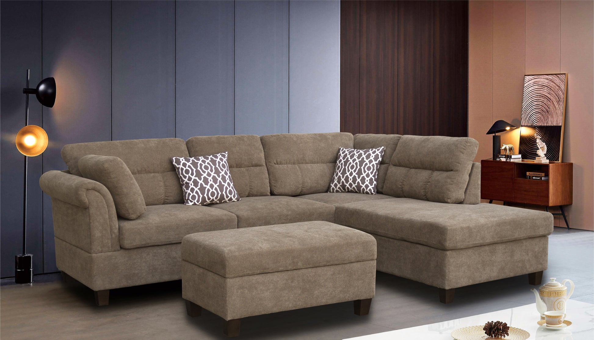 Diego 103.5' Brown Fabric Sectional Sofa with Right Facing Chaise, Storage Ottoman, and 2 Accent Pillows - primary color shot