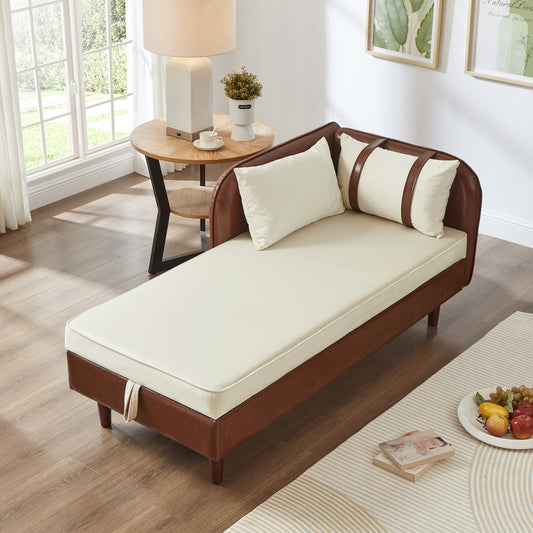 65" Storage Chaise Lounge Sofa Brown PU & Beige Velvet - detail view 2