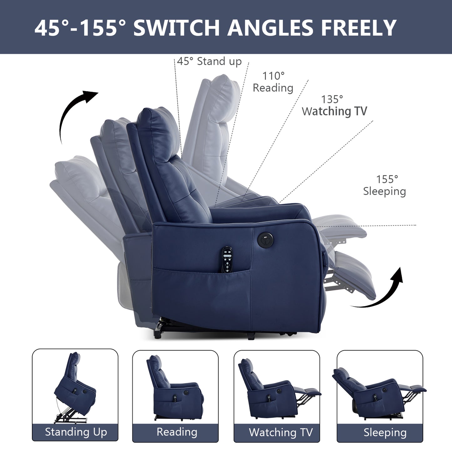 Deep Blue PU Single Motor Power Lift Recliner Chair with Massage and Heat for Elderly - detail view 5