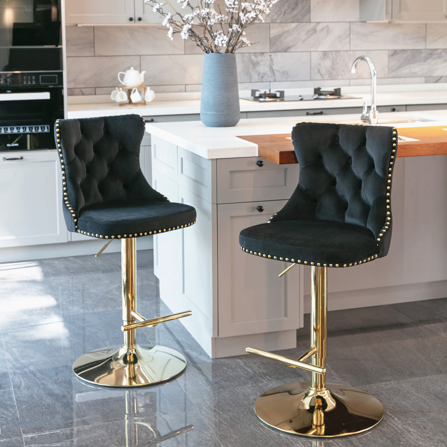Black Velvet Tufted Bar Stool with Gold Legs (Set of 2)