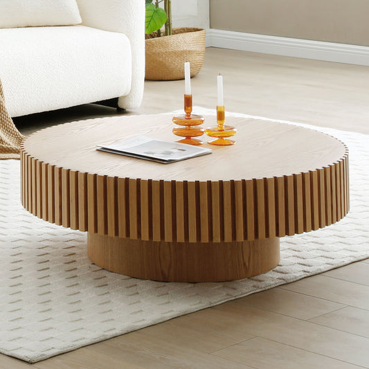 Natural Wood Coffee Table 39.37 MDF Coffee Table Modern Handcraft Drum Coffee Table Circle Coffee Table - Natural Ash - detail view 2