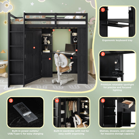 Twin Size Loft Bed with Integrated Large Wardrobe and Desk - Black - detail view 2