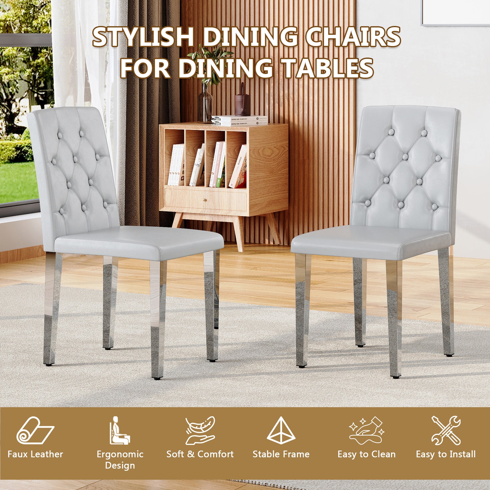 Gray Upholstered Fabric Dining Chairs with Silver Legs (set of 2) - detail view 7
