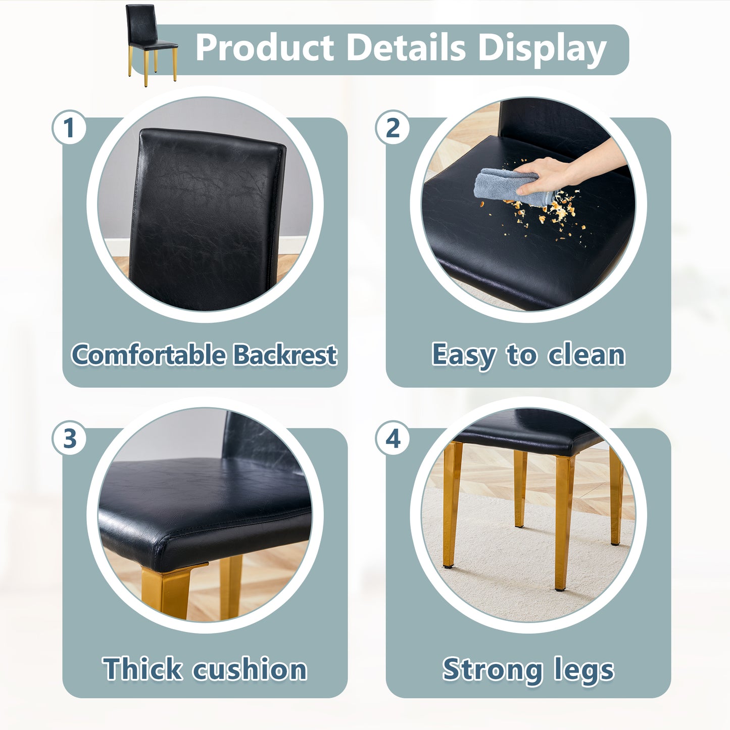 Black PU Leather Dining Chairs with Gold Legs (set of 2) - detail view 7