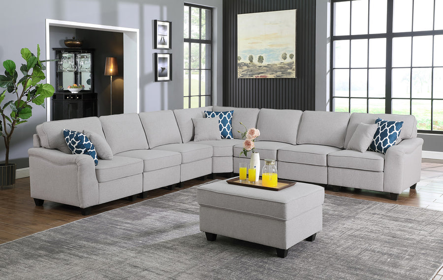 Leo 125' Light Gray Linen 8Pc Modular L-Shape Sectional Sofa and Ottoman - primary color shot