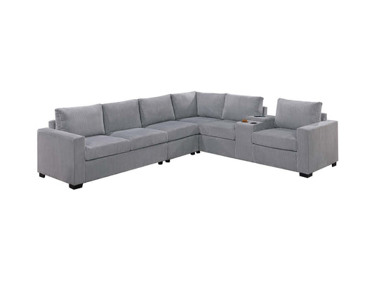 Modern Large Family Light Gray Corduroy 6pc Sectional Set Living Room One Arm Loveseat Wedge Console Armless Chair Couch Set - detail view 2