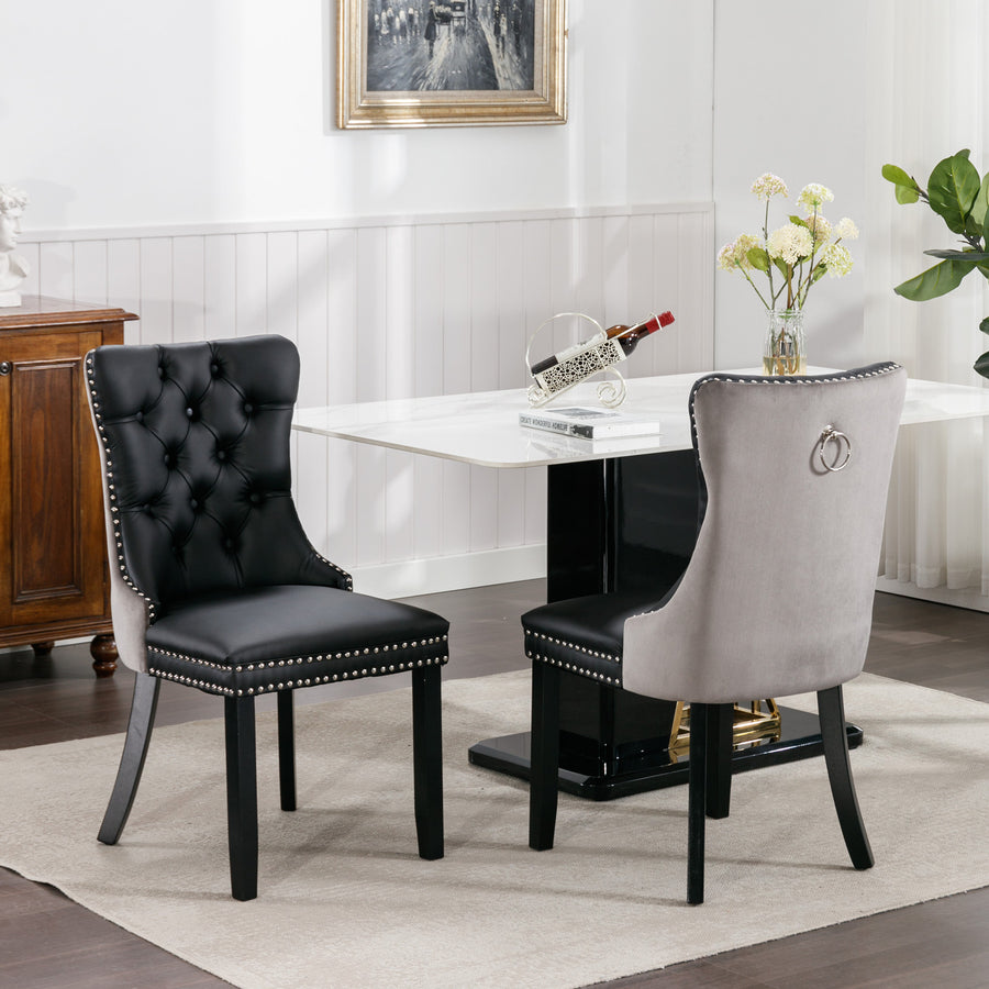 Black+ Gray PU Leather Tufted Nailhead Trim Dining Chairs with Black Legs