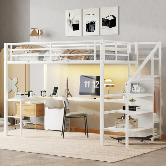 Twin XL Size Loft Bed with L-Shaped Desk and USB - Milk White - primary color shot