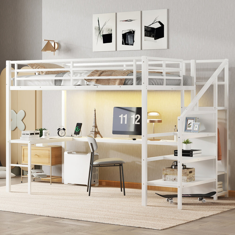 Twin XL Size Loft Bed with L-Shaped Desk and USB - Milk White - primary color shot