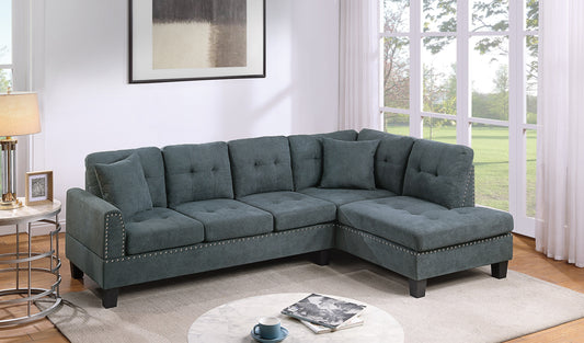 Living Room Furniture 2-PCS Sectional Sofa Set LAF Sofa And RAF Chaise Ash Black Color Tweeted-Like Velvet Tufted Couch Nailheads - primary color shot
