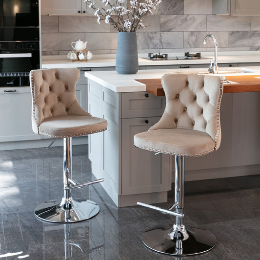 khaki Velvet Tufted Bar Stool with Silver Legs (Set of 2)