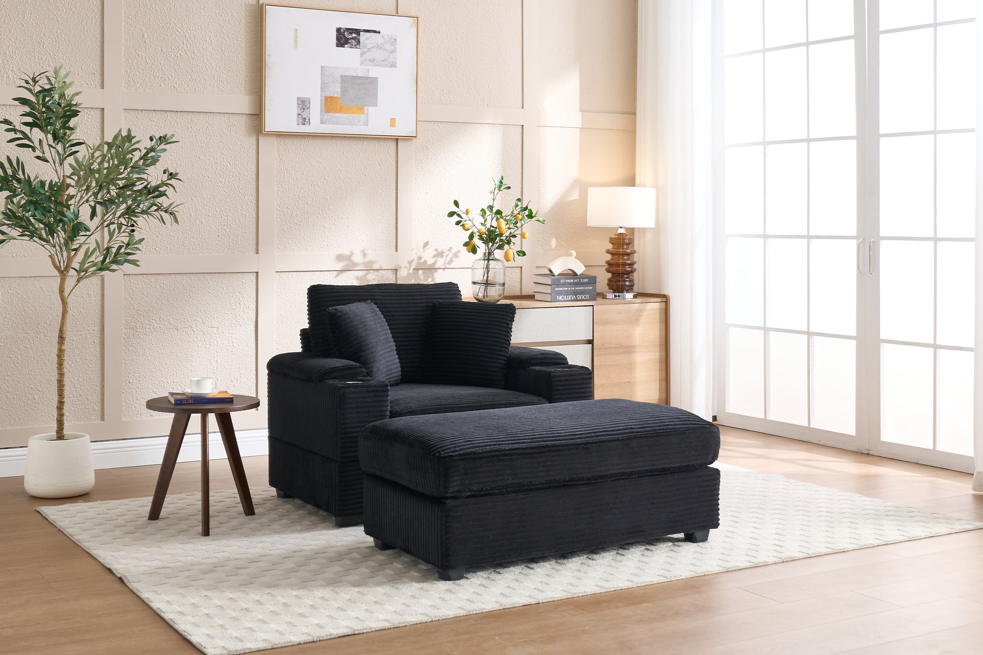 [video/new]corduroy Upholstered Chaise Lounge Sofa with Handrail Storage - Black - detail view 8