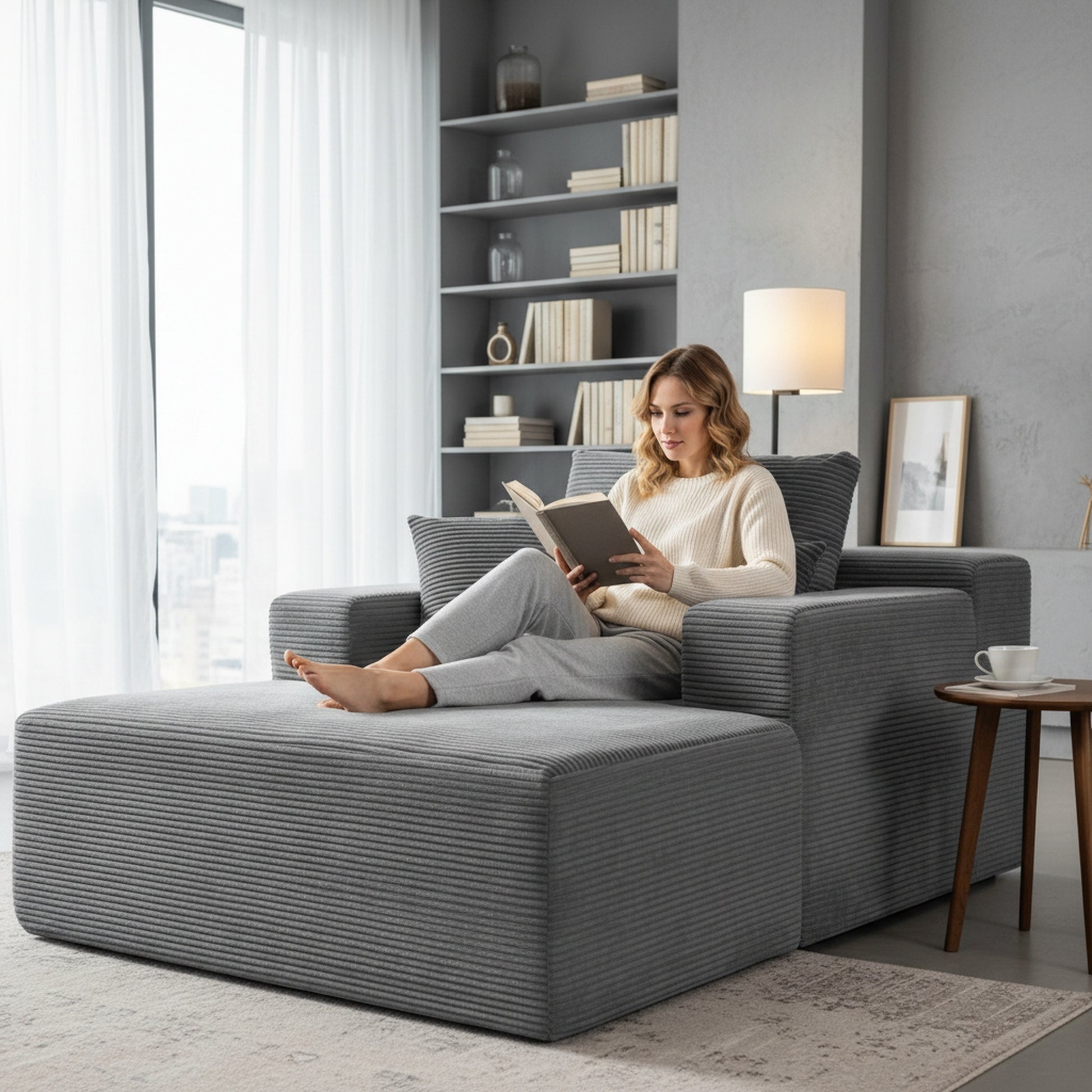 Convertible Chaise Lounge Chair Indoor – Oversized Corduroy Couch with Wide Armrest & Throw Pillows - Grey - detail view 2