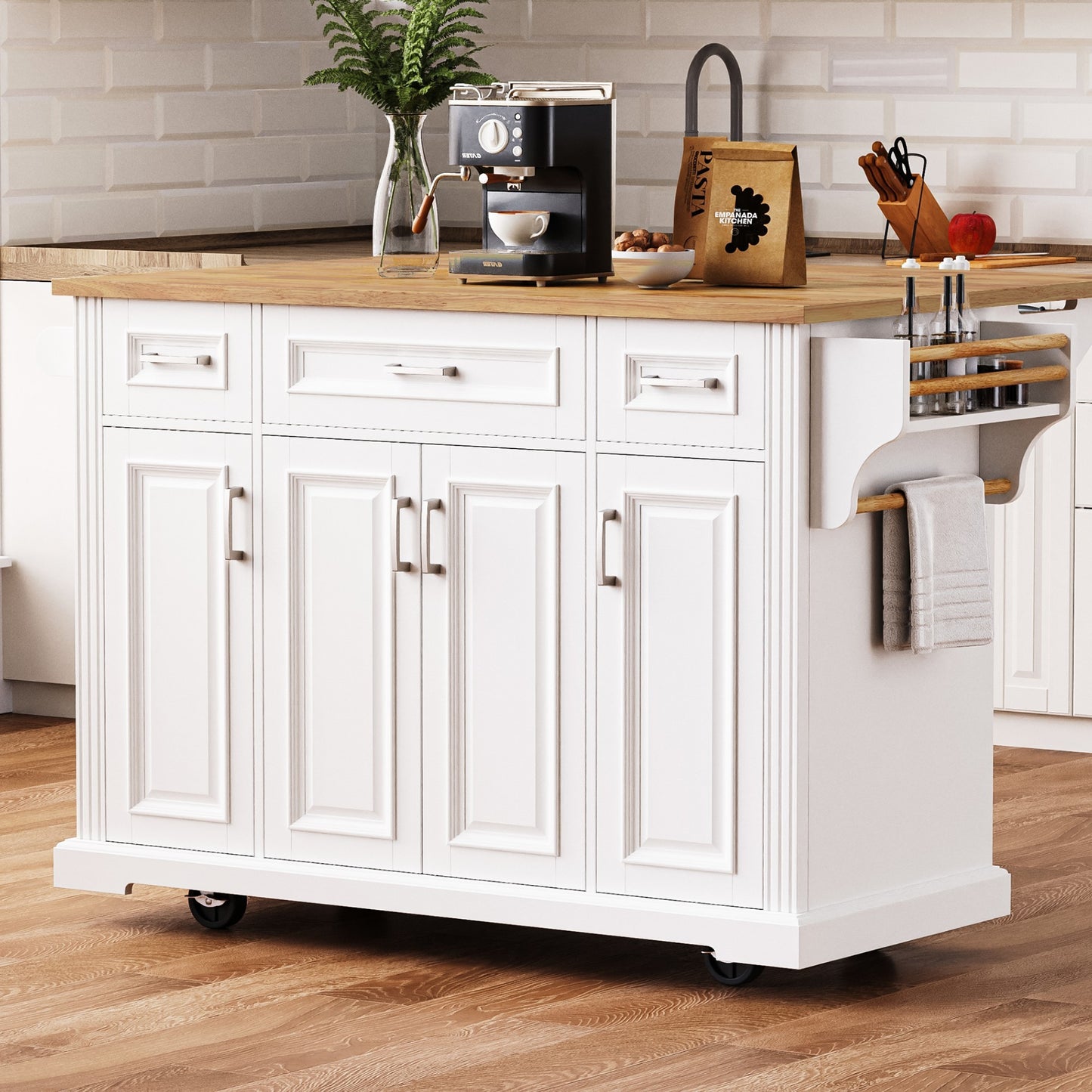 K&k 54" Large Kitchen Island with Rubber Wood Drop Leaf - White - detail view 2