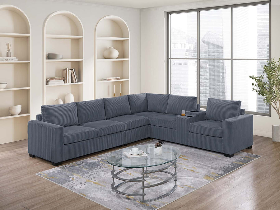 Modern Large Family Dark Gray Corduroy 6pc Sectional Set Living Room One Arm Loveseat Wedge Console Armless Chair Couch Set - primary color shot