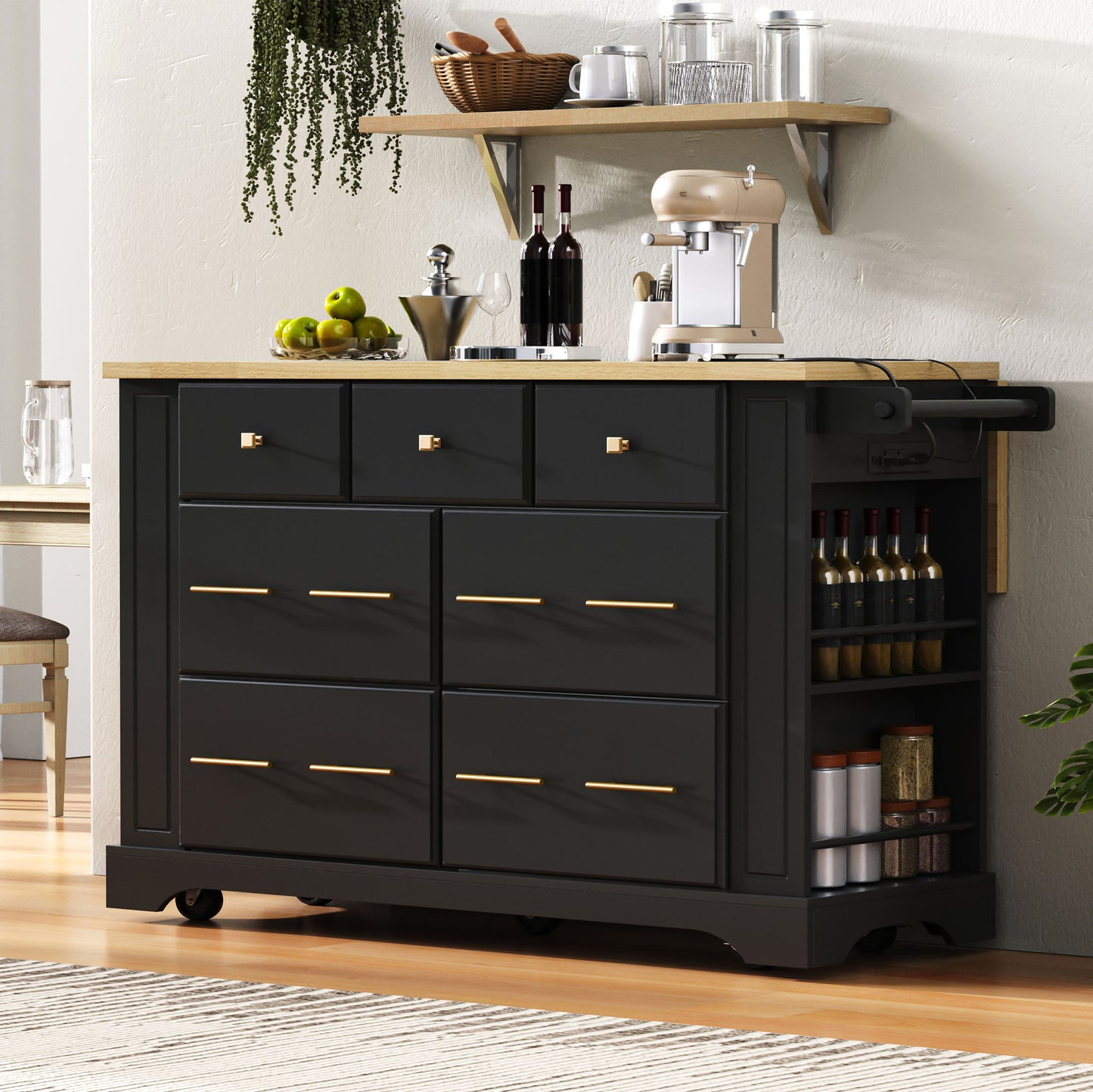 K&k Kitchen Island with 6 Drawers - Black - detail view 2