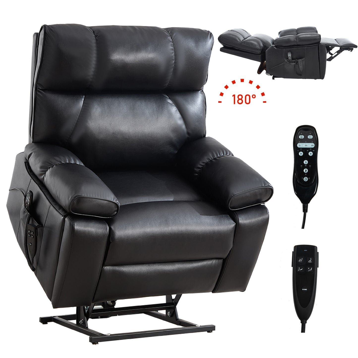 Black Leatheraire Heat Massage Dual Motor Infinite Position Up to 350 LBS Large Electric Power Lift Recliners with Hidden Cup Holders - detail view 2