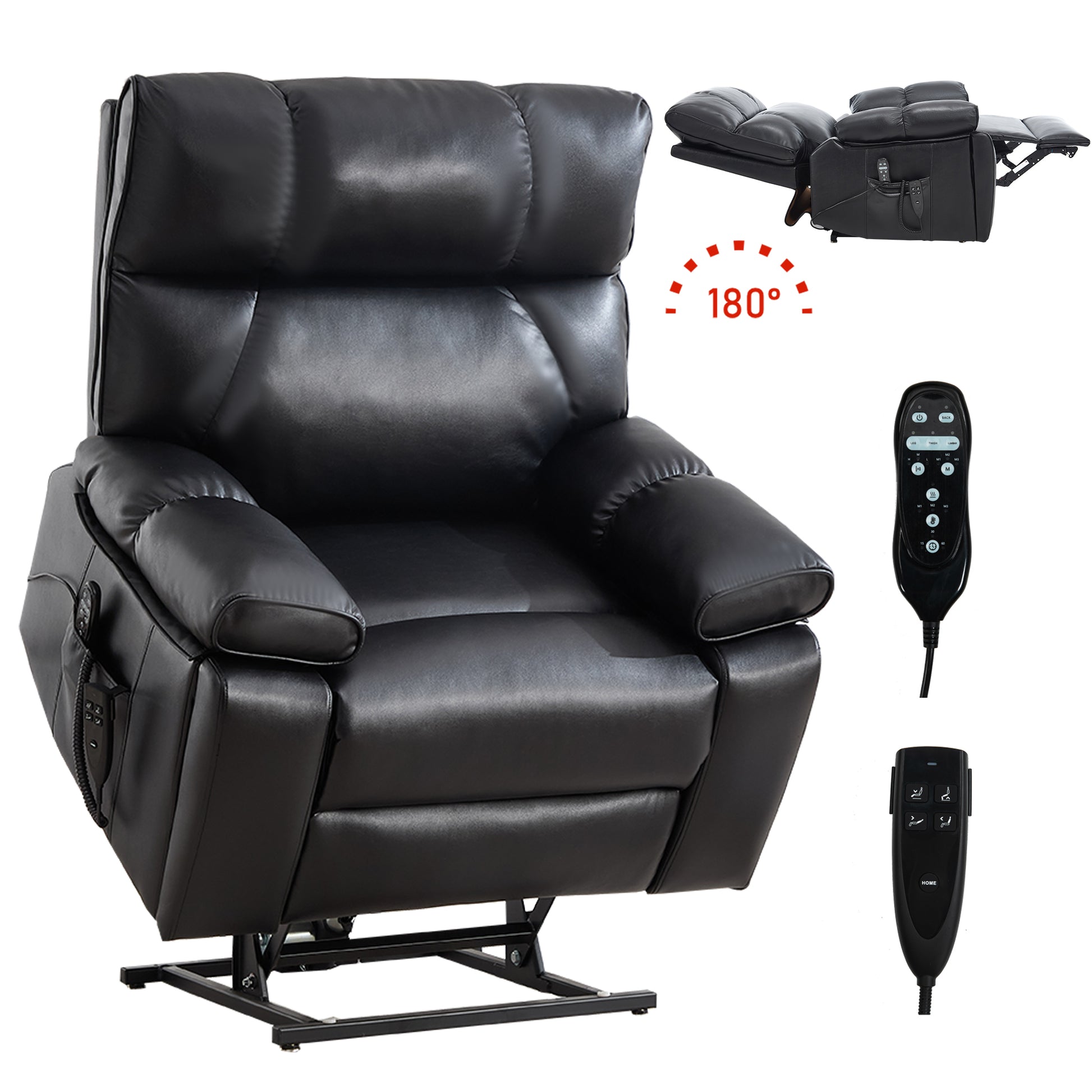Black Leatheraire Heat Massage Dual Motor Infinite Position Up to 350 LBS Large Electric Power Lift Recliners with Hidden Cup Holders - detail view 2