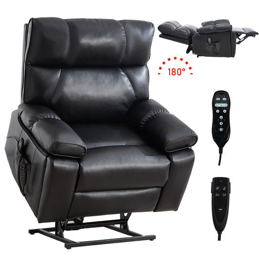 Black Leatheraire Heat Massage Dual Motor Infinite Position Up to 350 LBS Large Electric Power Lift Recliners with Hidden Cup Holders - detail view 2