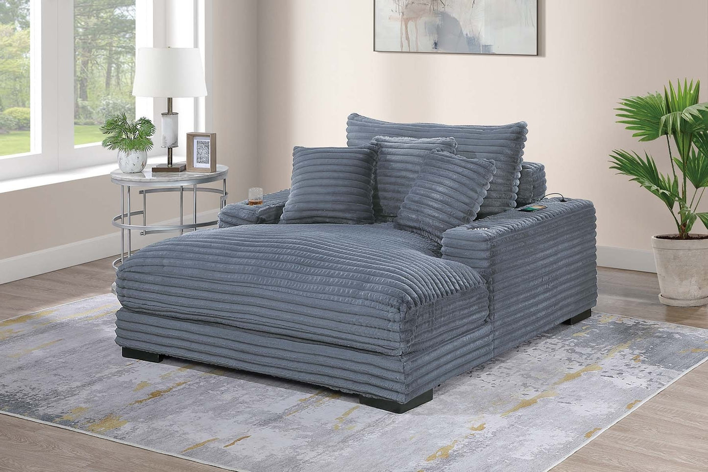 Modern Chaise Lounge W 2/ Cup Holders USB Ports Gray Color Corduroy Wooden Legs Pillows Plush Couch Sofa Chaise - detail view 5