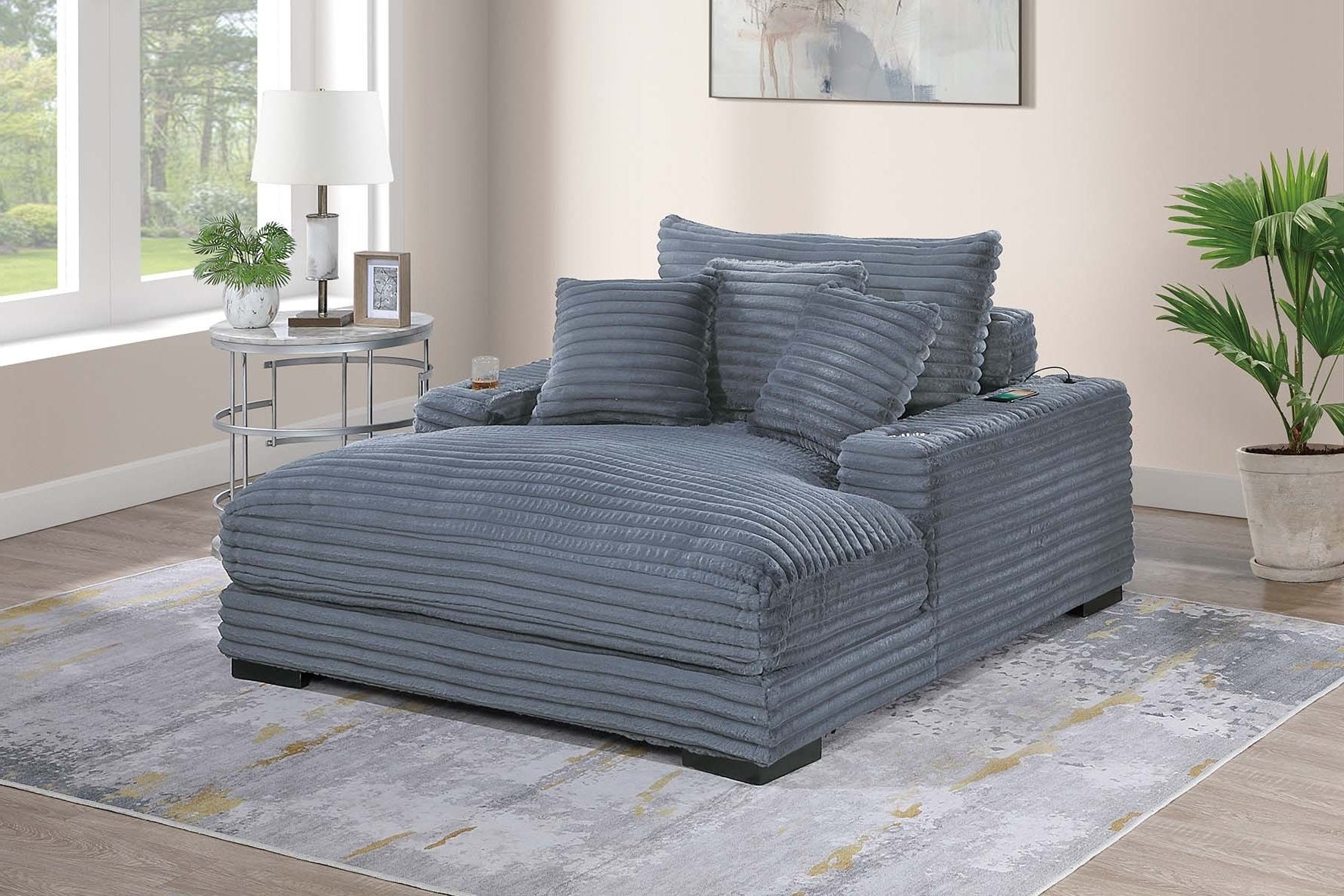 Modern Chaise Lounge W 2/ Cup Holders USB Ports Gray Color Corduroy Wooden Legs Pillows Plush Couch Sofa Chaise - detail view 5