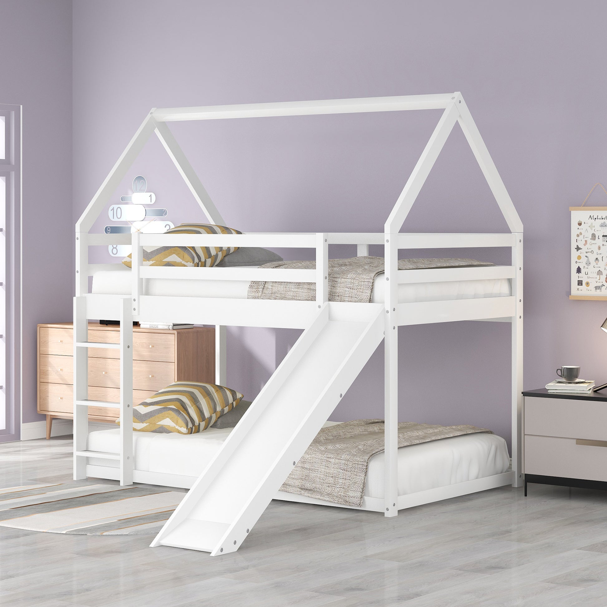 Sarah Twin Size Bunk House Bed with Slide and Ladder,White