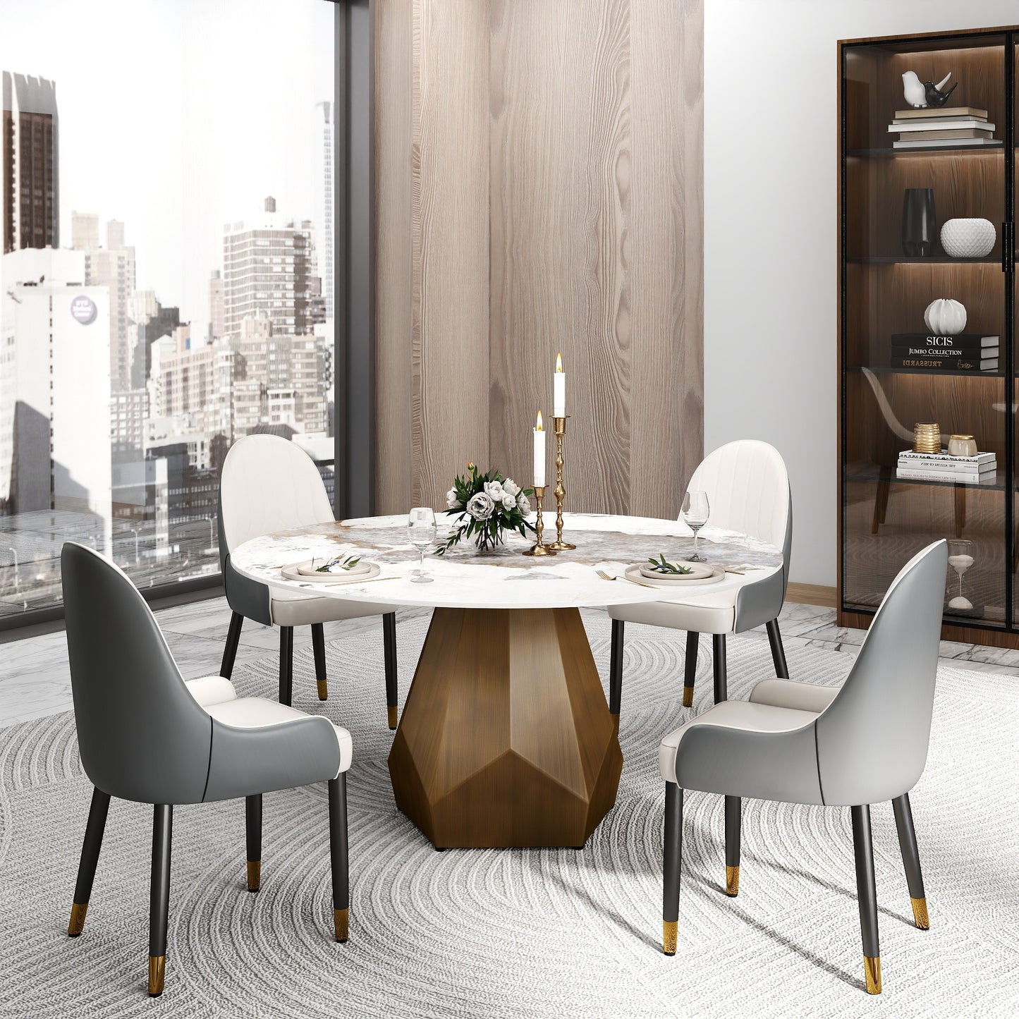 59.05' Round Marble Dining Table with Metal Base, Artificial Marble for 6-8 People, Dining Room/Living Room Kitchen Dining Table,White (Dining Table Only)