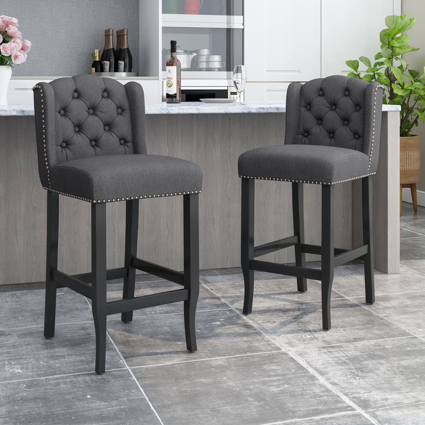 Maura 31" Contemporary Tufted Wingback Bar Stools Set of 2 Gray