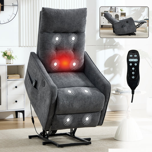 Grey Chenille Single Motor Power Lift Recliner Chair with Massage and Heat for Elderly - primary color shot
