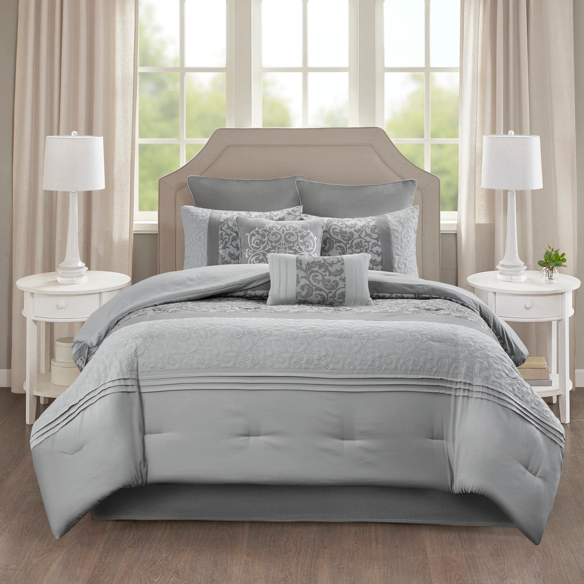 Embroidered 8 Piece Comforter Set Grey