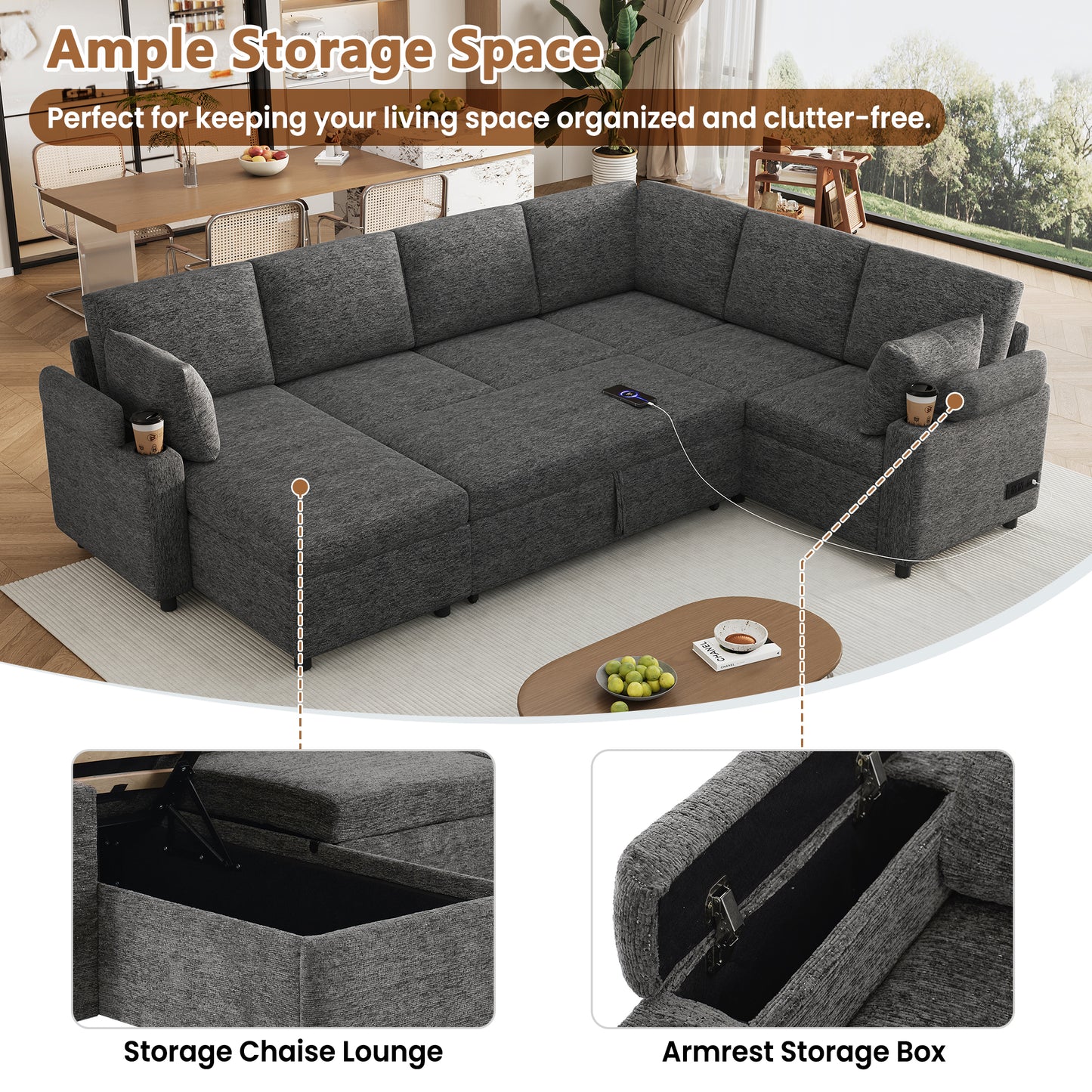 Versatile U-Shaped Sectional Bed with Storage - Grey - detail view 6