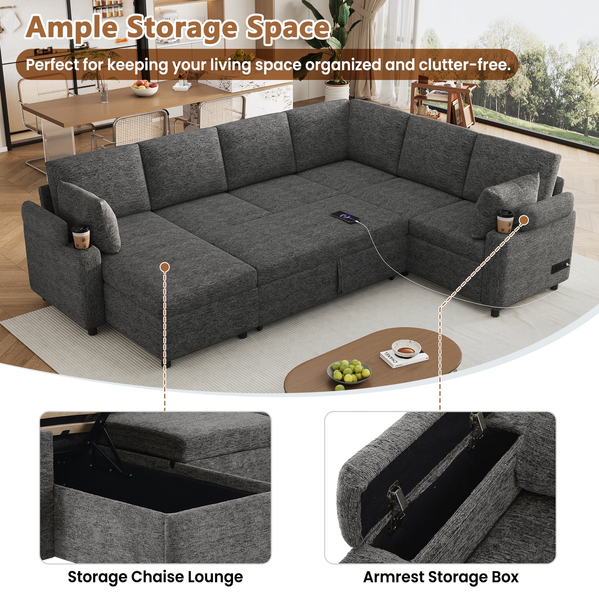 Versatile U-Shaped Sectional Bed with Storage - Grey - detail view 6