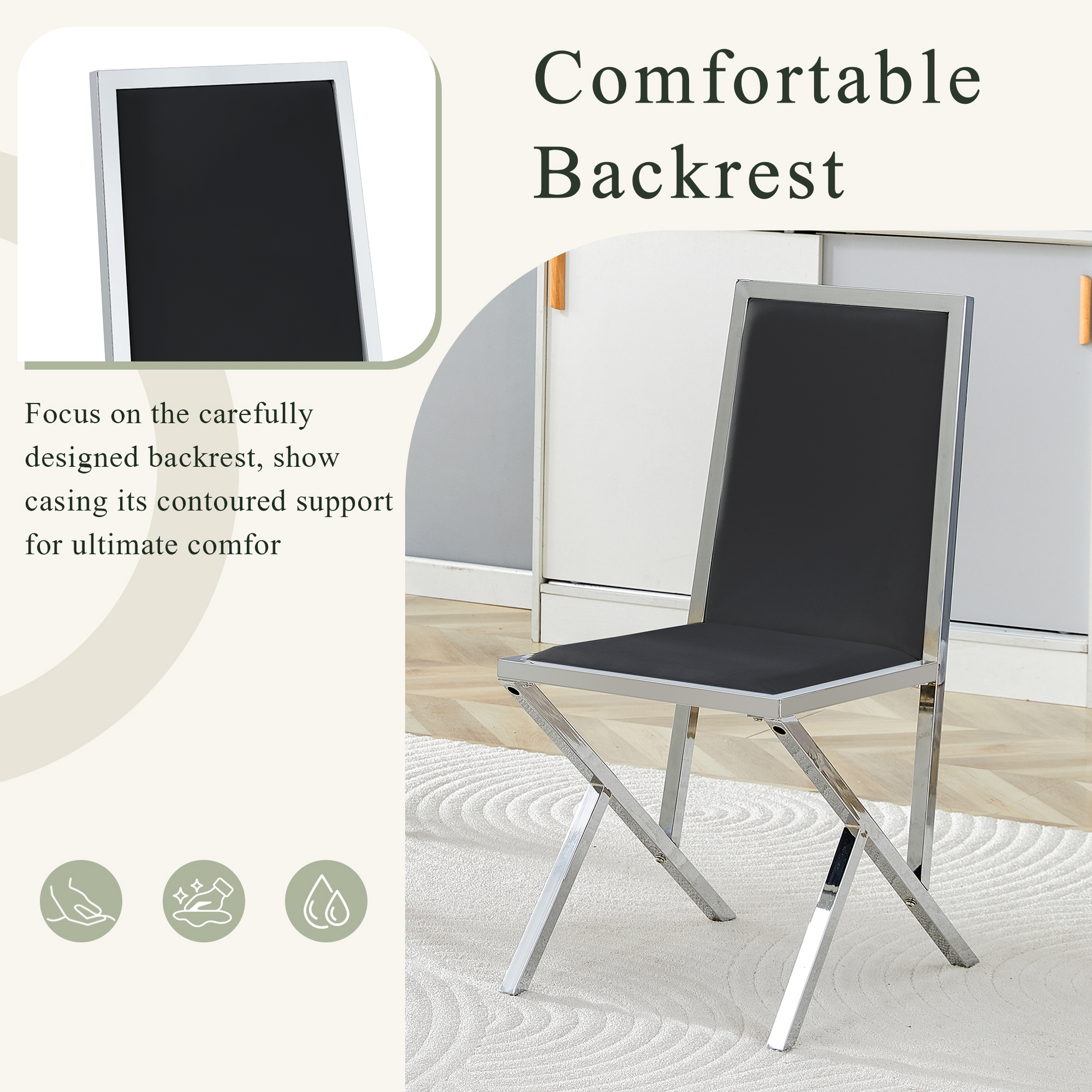 Black Upholstered Fabric Steel Frame Dining Chairs with Silver Legs (set of 2) - detail view 6