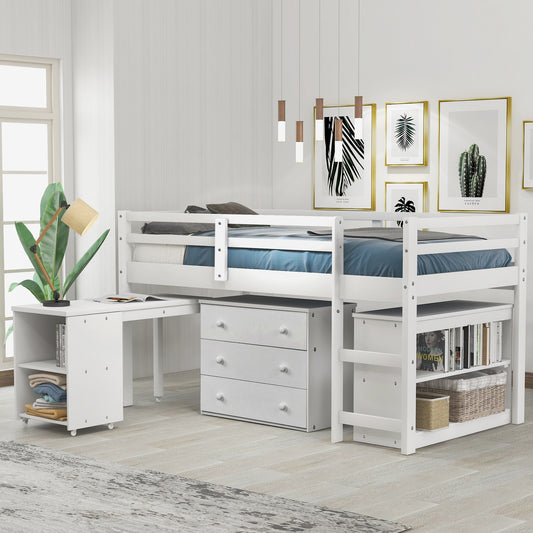 Low Study Twin Loft Bed with Cabinet and Rolling Portable Desk - White - primary color shot