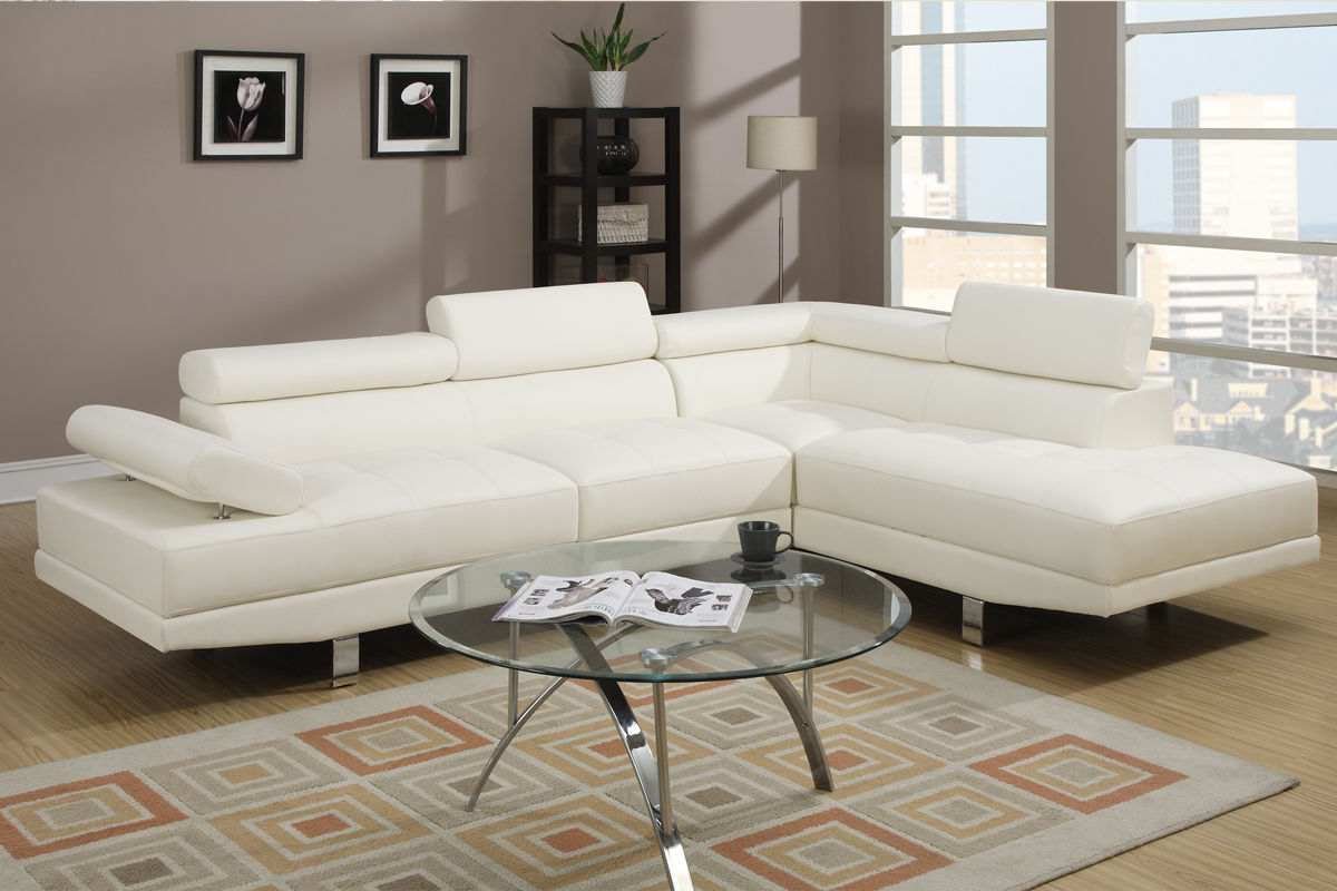 White Color Sectional Living Room Furniture Faux Leather Adjustable Headrest Right Facing Chaise & Left Facing Sofa - detail view 4