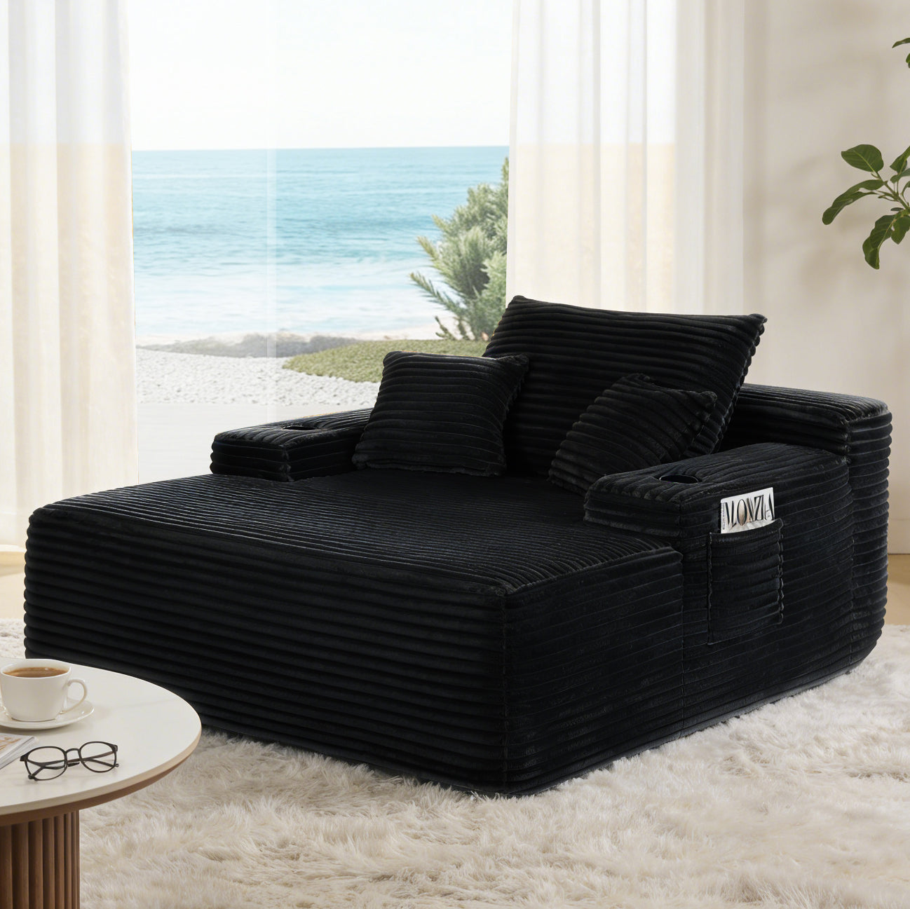 NEW Convertible Chaise Lounge Chair Plush with Wide Armrest & Throw Pillows - Black - detail view 5