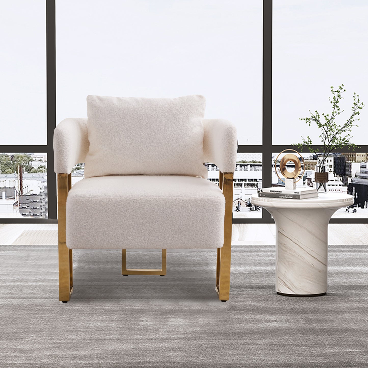 White Bouclé Steel Frame Accent Chair with Gold Legs - detail view 6