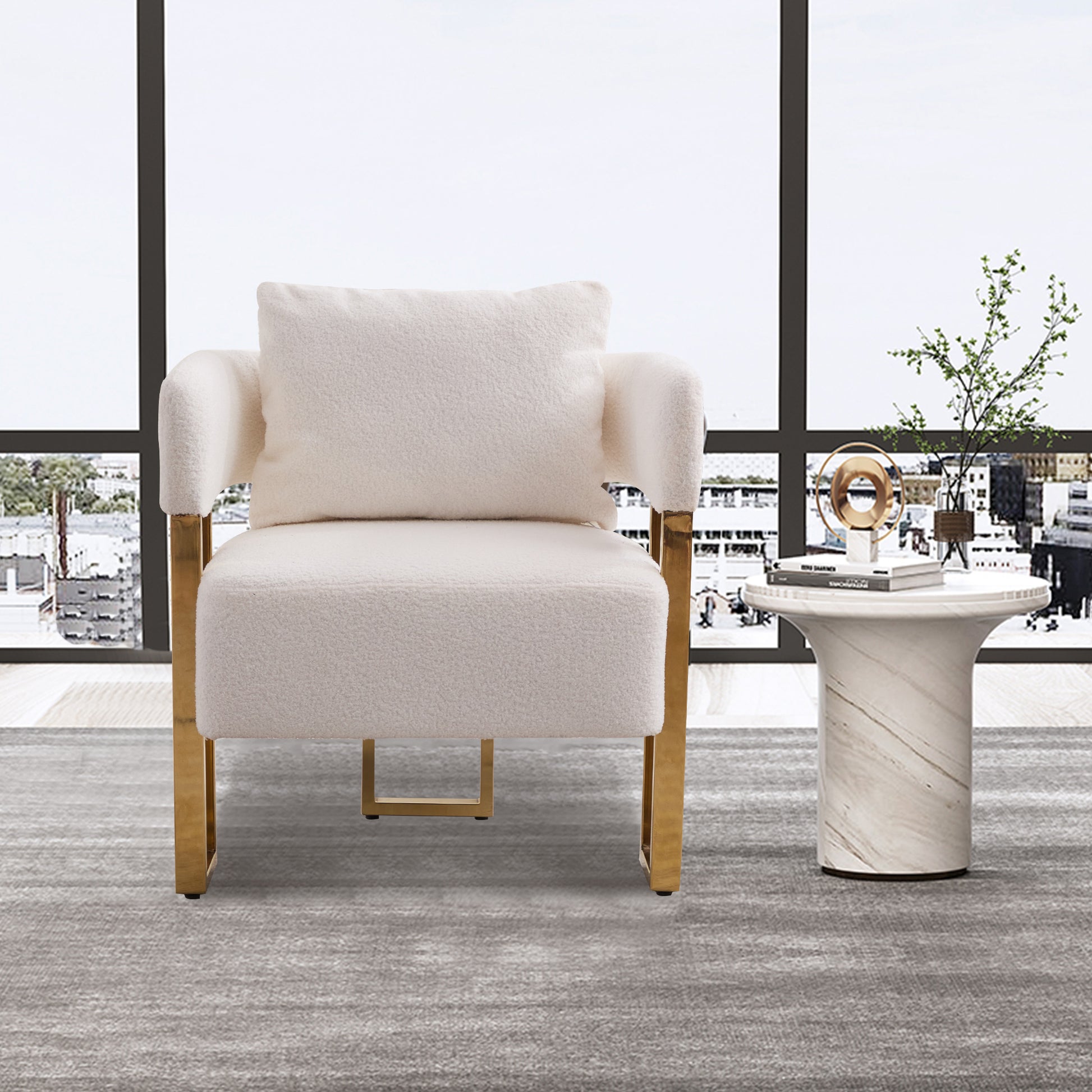 White Bouclé Steel Frame Accent Chair with Gold Legs - detail view 6
