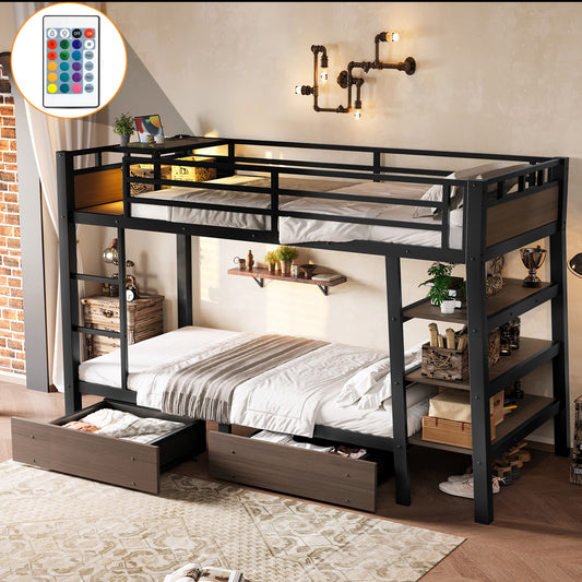 Twin Size Metal Bunk Bed with Storage Shelves - Black - detail view 2