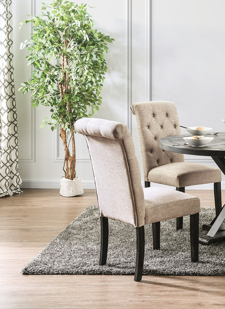 Madeline Button Tufted Linen Side Chairs with Black Legs, Ivory