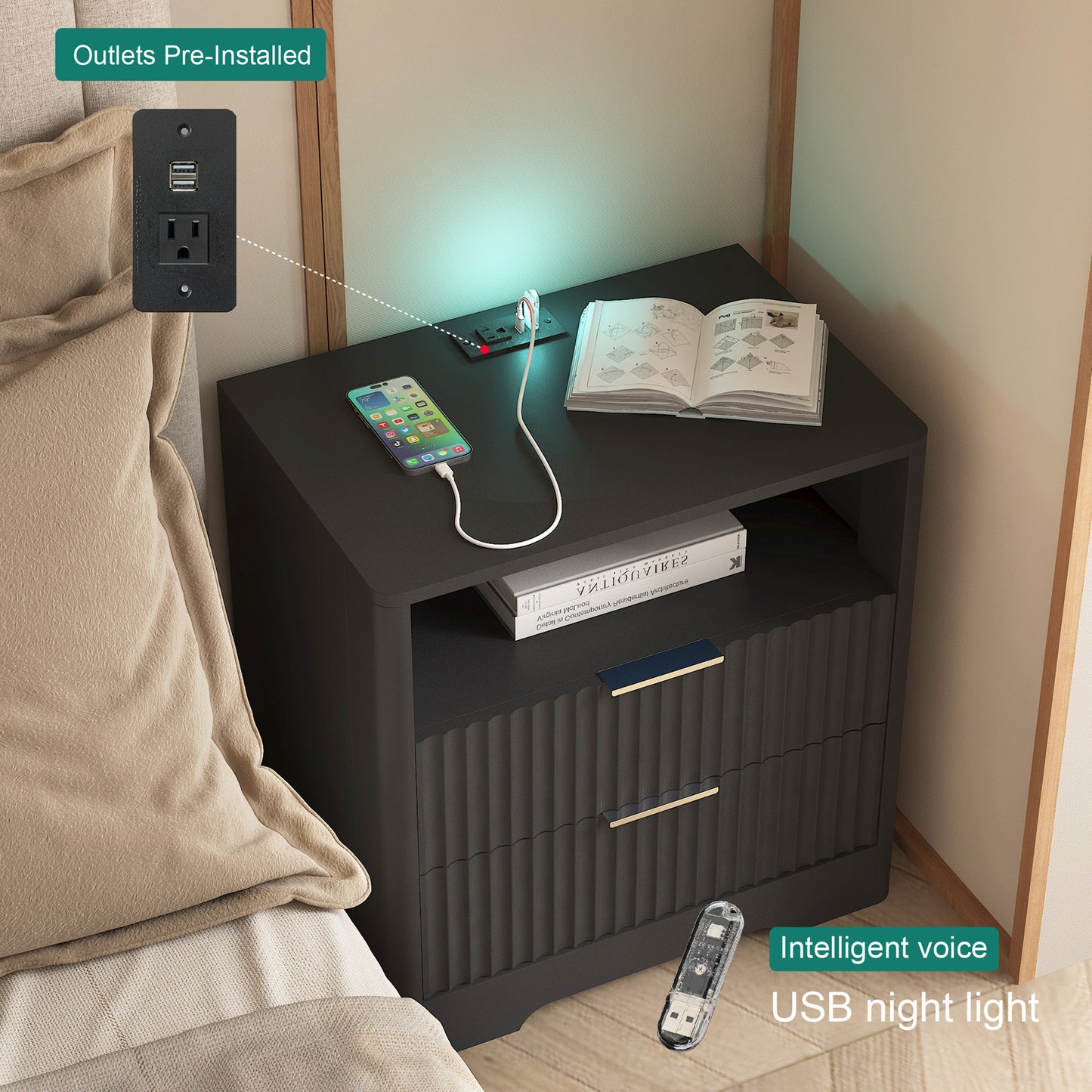Nightstand with Charging Station - Black - detail view 8
