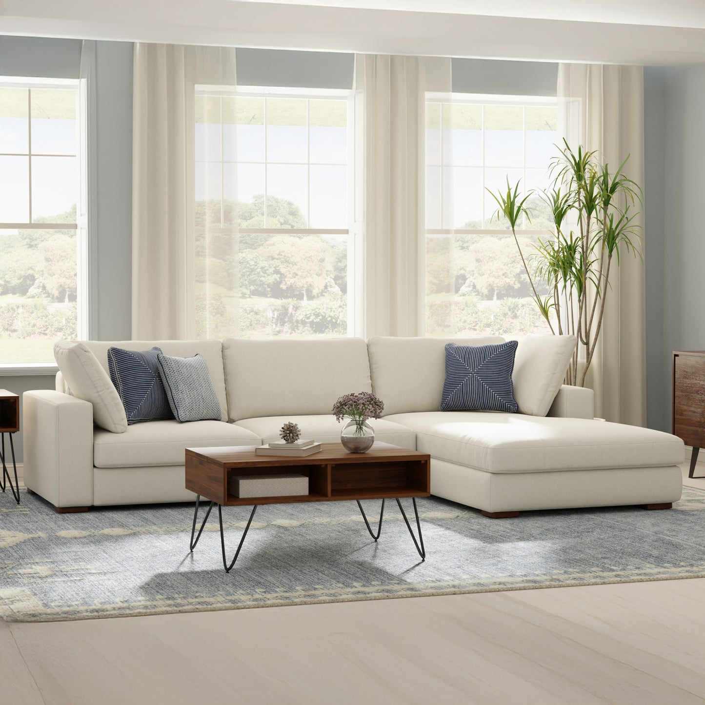 Charlie Deep Seater Right Sectional Sofa in Cream Performance Fabric with High-Density Foam Cushions and Solid Wood Frame - detail view 2