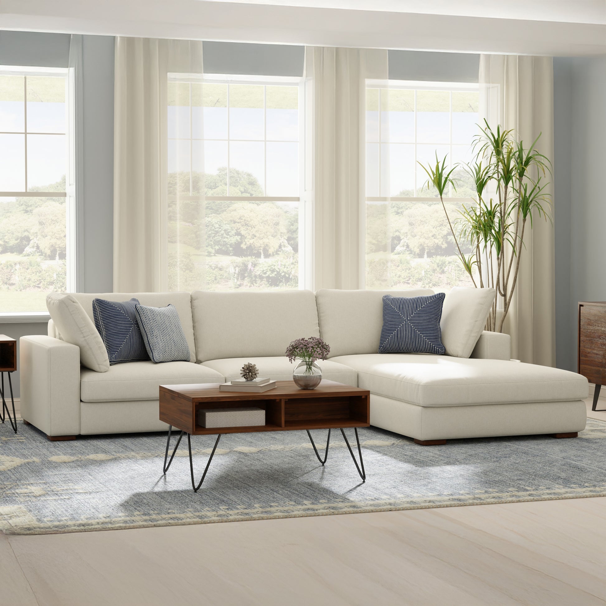 Charlie Deep Seater Right Sectional Sofa in Cream Performance Fabric with High-Density Foam Cushions and Solid Wood Frame - detail view 2