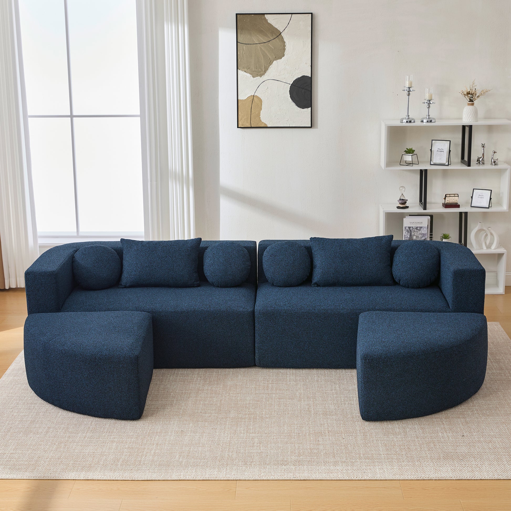 Boneless Couch Modular Sectional Sofa with Deep Seating and Curved Design in Blue Boucle, 114.9 Inches - detail view 5