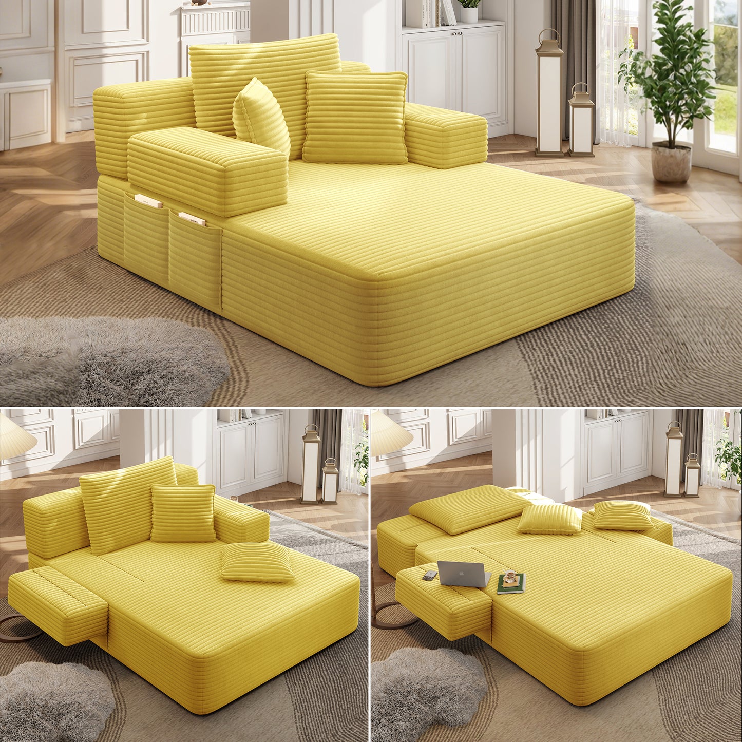 Luxurious Plush Corduroy Chaise Lounge with 3 Pillows - Yellow - primary color shot