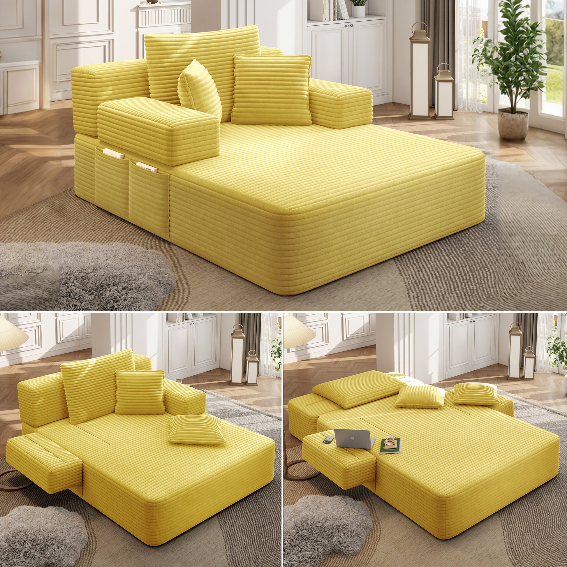 Luxurious Plush Corduroy Chaise Lounge with 3 Pillows - Yellow - primary color shot