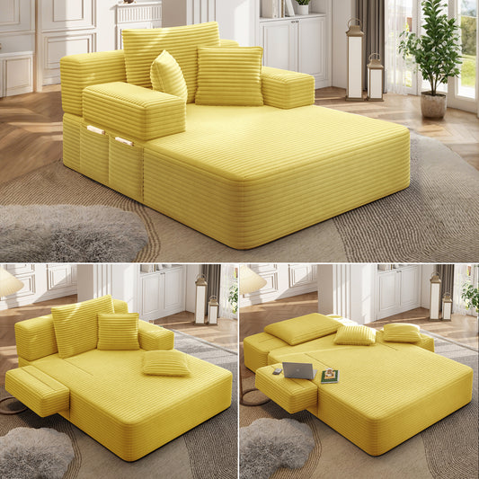 Luxurious Plush Corduroy Chaise Lounge with 3 Pillows - Yellow - primary color shot