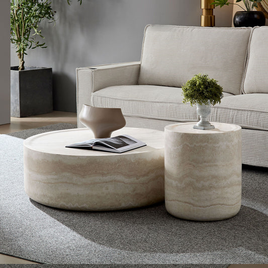 Set of 2 Faux MARS Pattern Coffee Tables Side Table Round Tea Faux Travertine Textured Table - primary color shot