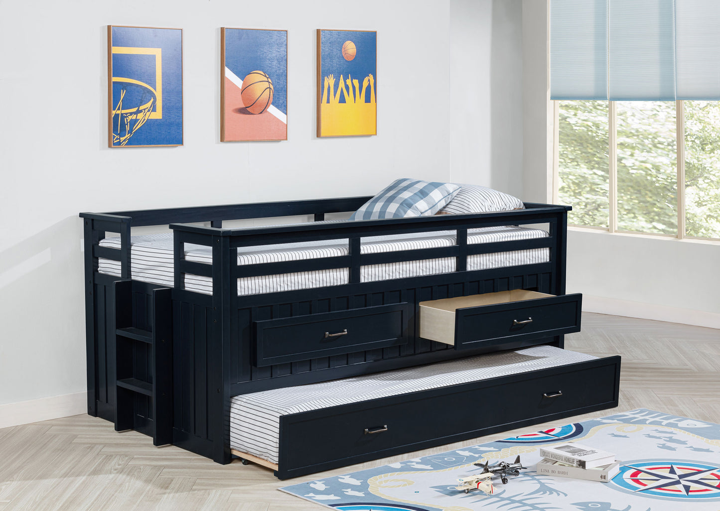 Carlsbad Wood Twin Captain's Bed with Trundle – Navy Blue