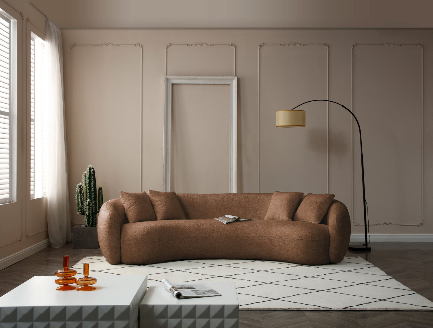 102'' 5-Seater Boucle Sofa Modern Sectional Half Moon Leisure Sofa Curved Sofa Teddy Fleece Brown - detail view 7